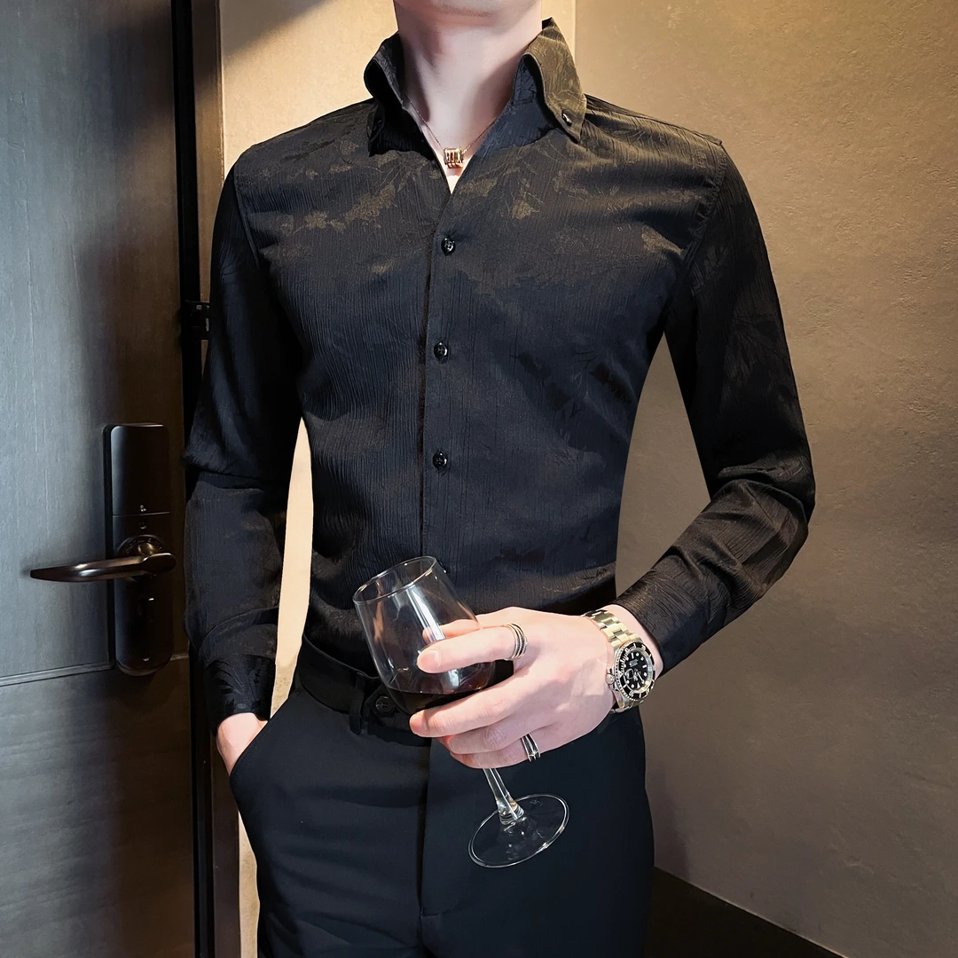 高级感法式V领花衬衫男长袖春季潮牌男装修身痞帅休闲印花衬衣男