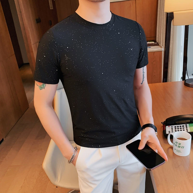 男士圆领t恤短袖夏季薄款内搭上衣高级感星空撒粉修身半袖打底衫