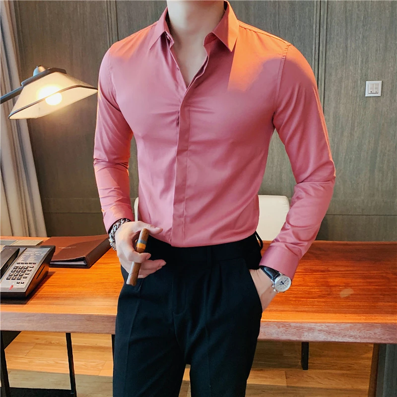 春秋季暗扣男士长袖衬衫高级感商务休闲正装潮流修身痞帅衬衣男款