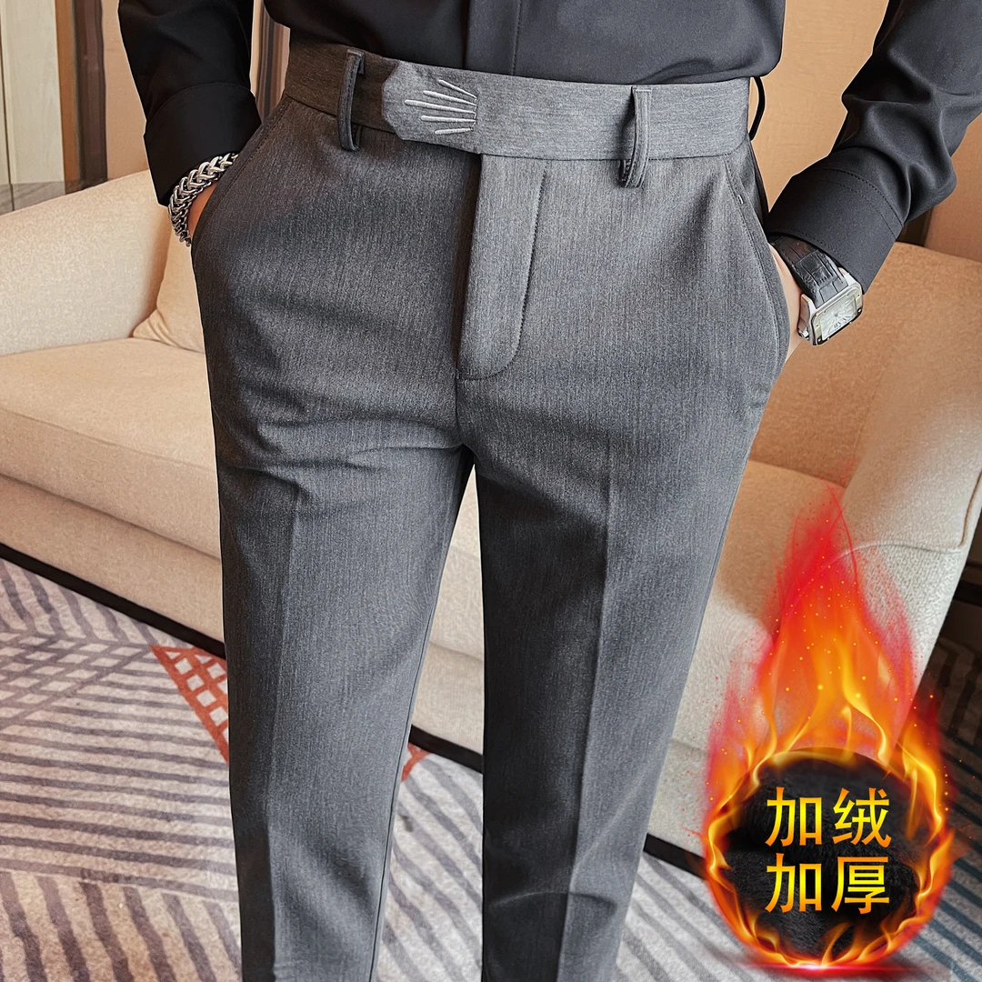 秋冬加绒加厚保暖休闲西裤男士商务百搭修身小脚松紧腰西装长裤子
