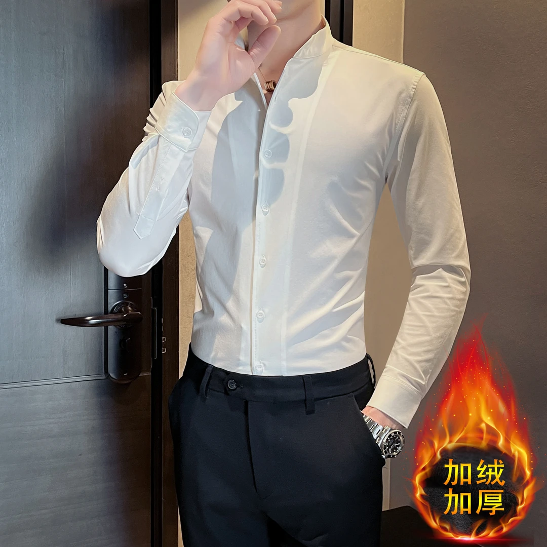 新中式立领男士衬衫长袖秋冬季高级感痞帅加绒加厚保暖修身衬衣潮