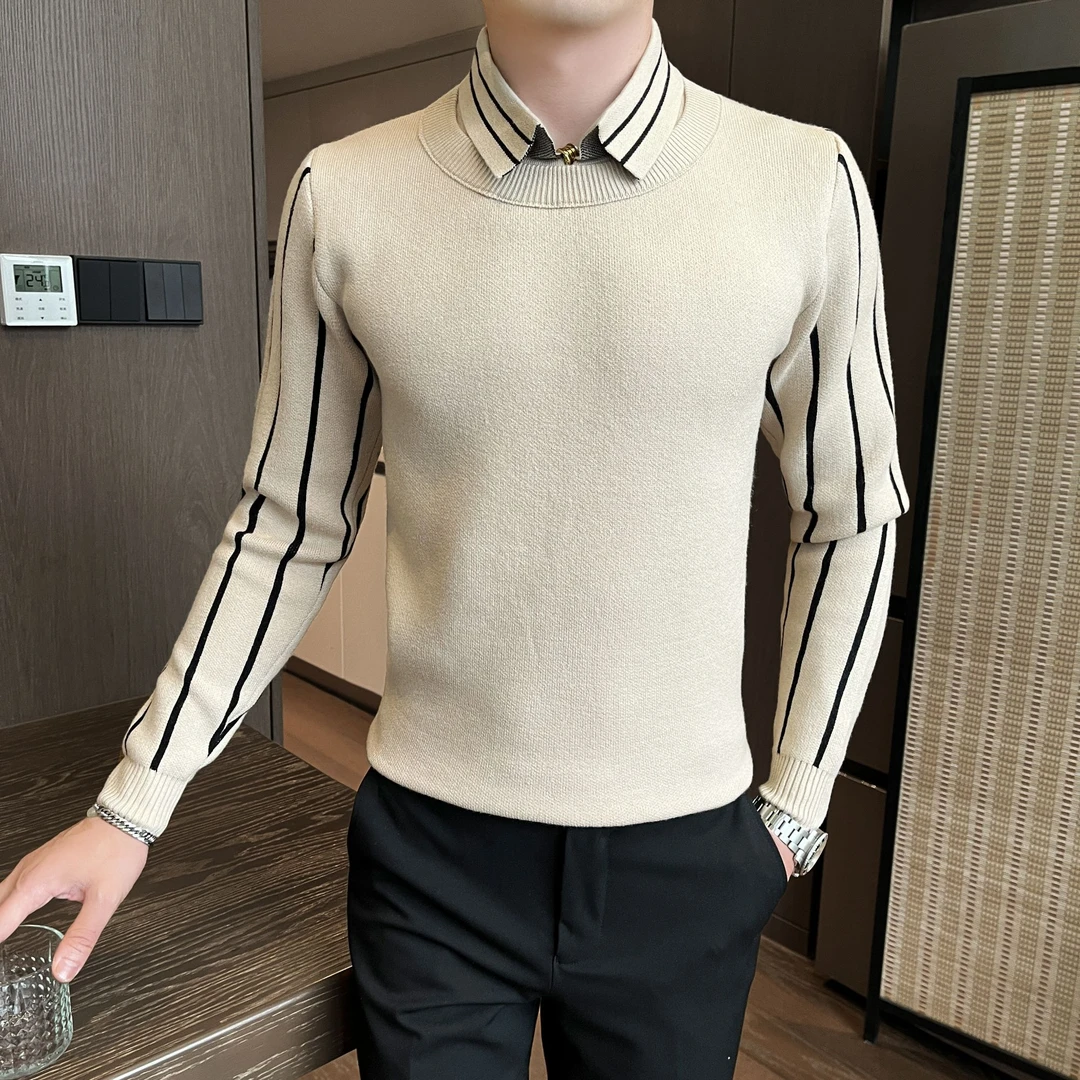 假两件毛衣潮牌男装上衣秋冬季新款衬衫领男士休闲条纹针织打底衫