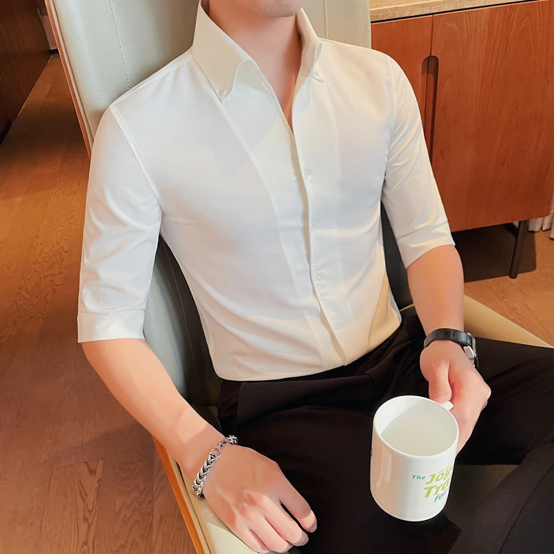 法式大领衬衫男士短袖秋季2025新款高级感商务痞帅V领七分袖衬衣