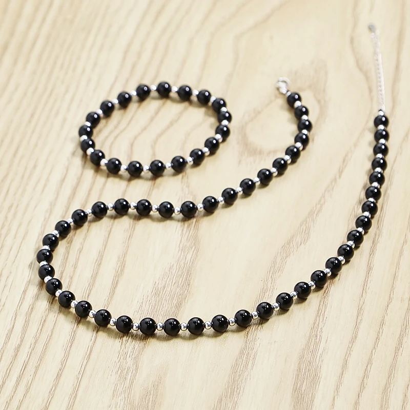 女款 个性 黑圆珠 银珠编绳 项链 手链 潮