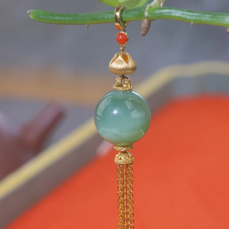 18K和田玉碧玉猫眼流苏耳饰/多样性发其一