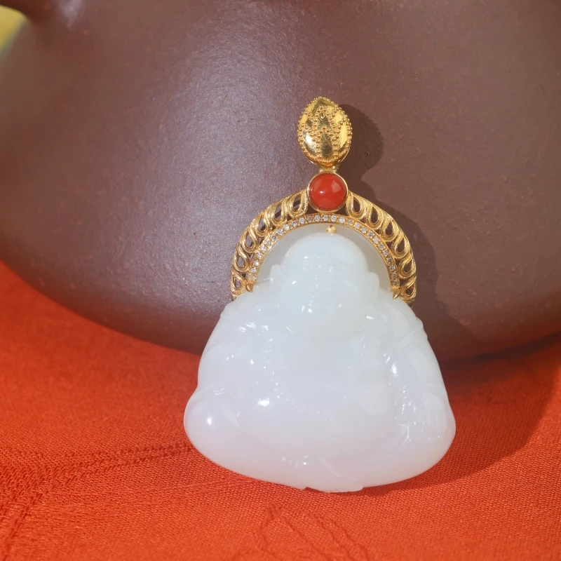 18K金镶和田玉白玉佛公吊坠/多样性发其一
