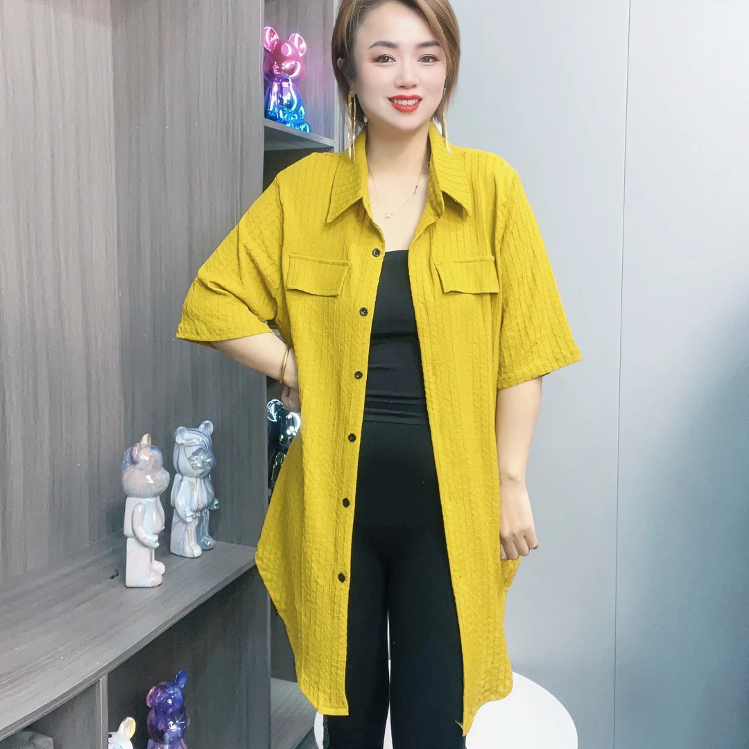 春夏新款休闲时尚半袖大衬衫韩版大码宽松洋气遮肉减龄口袋大衫裙