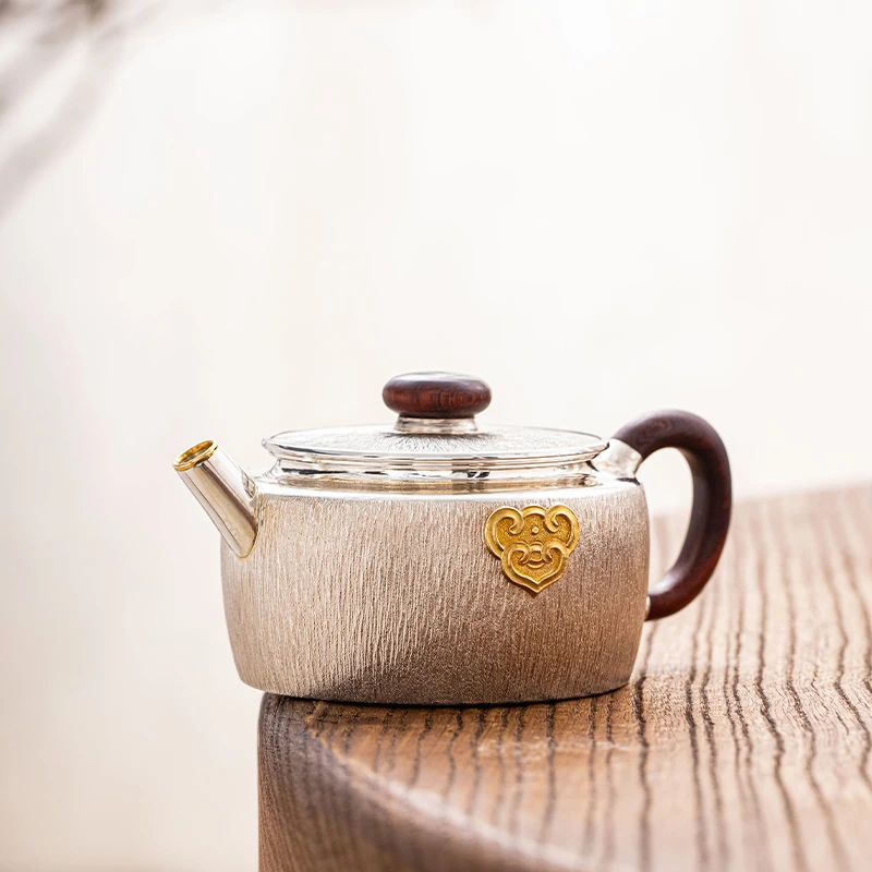 蜂鸟工坊 名匠优选 木钮木把如意拉丝银壶泡茶壶 MJYXA1043