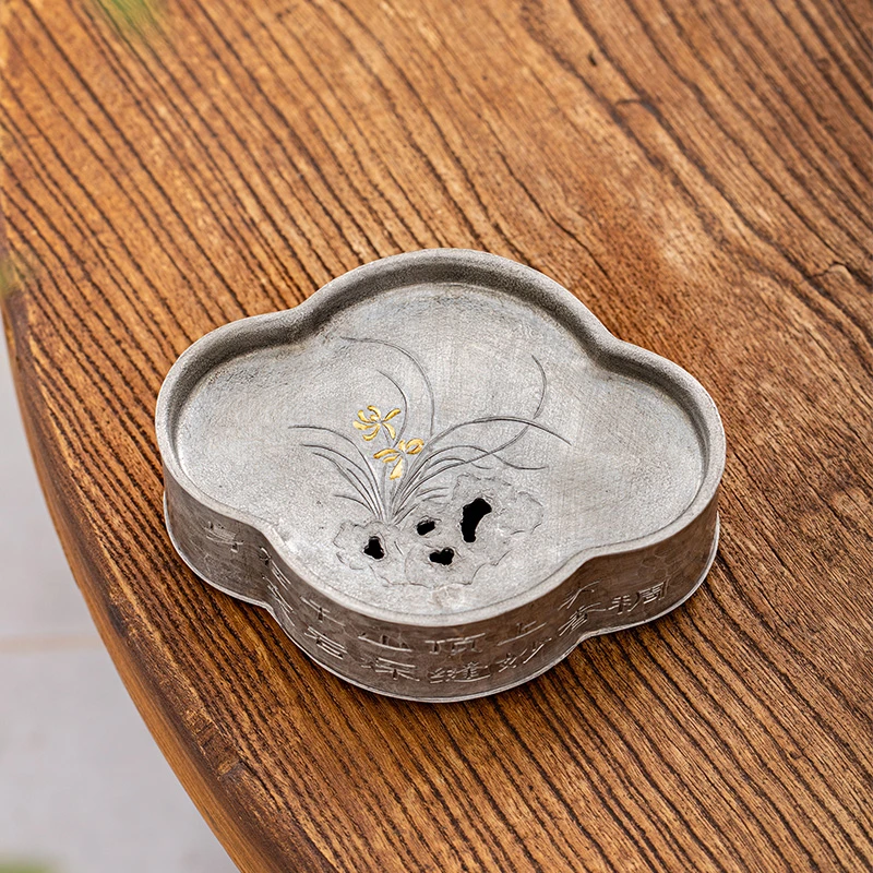 蜂鸟工坊&锡雕侠侣 锡器 纯手工锡兰花壶承干泡茶盘海棠 WCXHC326