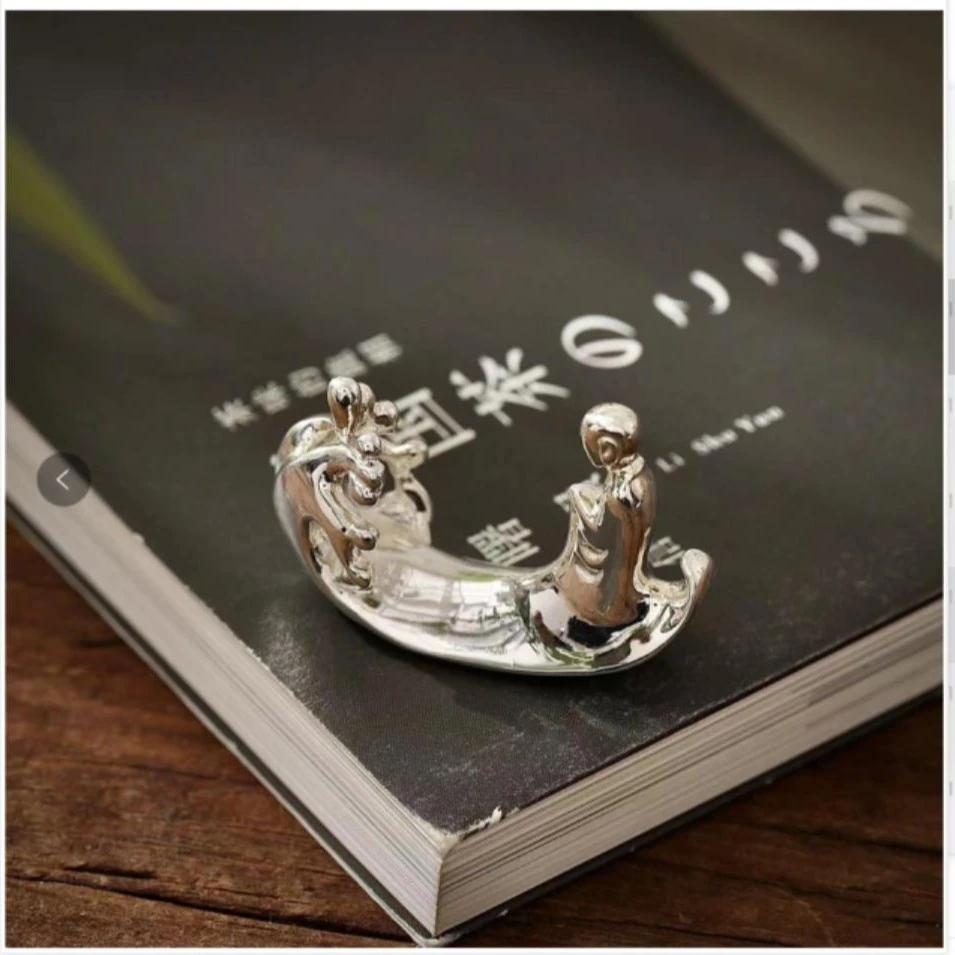 文创系列手工艺品银茶拨架海浪无相银佛摆件茶道摆件 香插