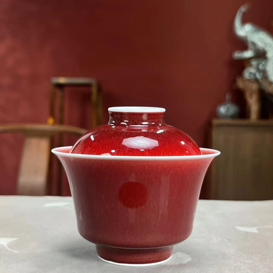 蜂鸟工坊手工艺品瓷器朗红1号马蹄盖碗WCCP09