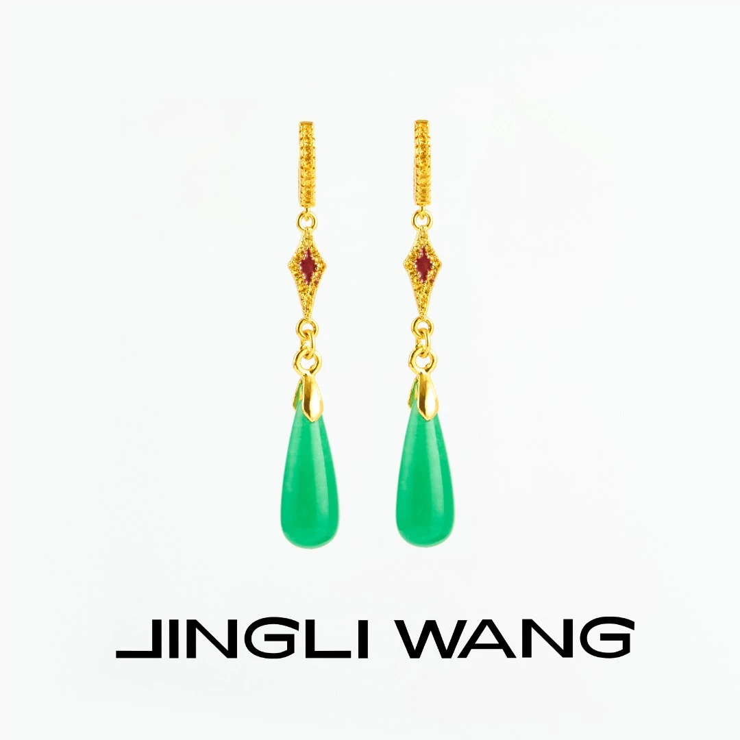 JINGLI WANG 铜合金合成锆石耳饰 「浮空坠绿耳环」复古耳坠小众