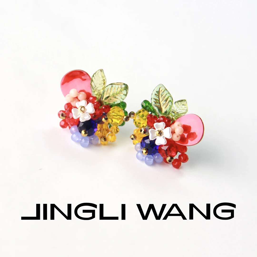 JINGLI WANG 铜合金铅玻璃耳饰 「荒境之花」手工串珠 马蒂斯配色