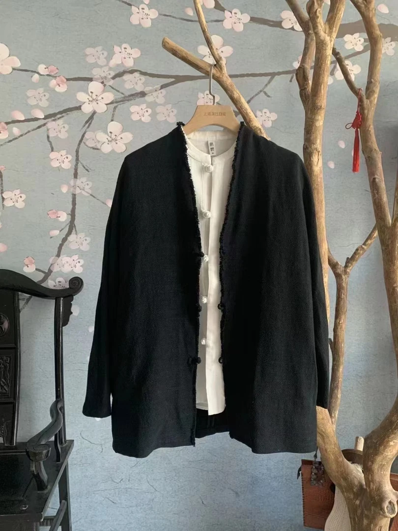 大美春秋季男士宽松款短款休闲外披复古新中式中国风上衣古风黑色