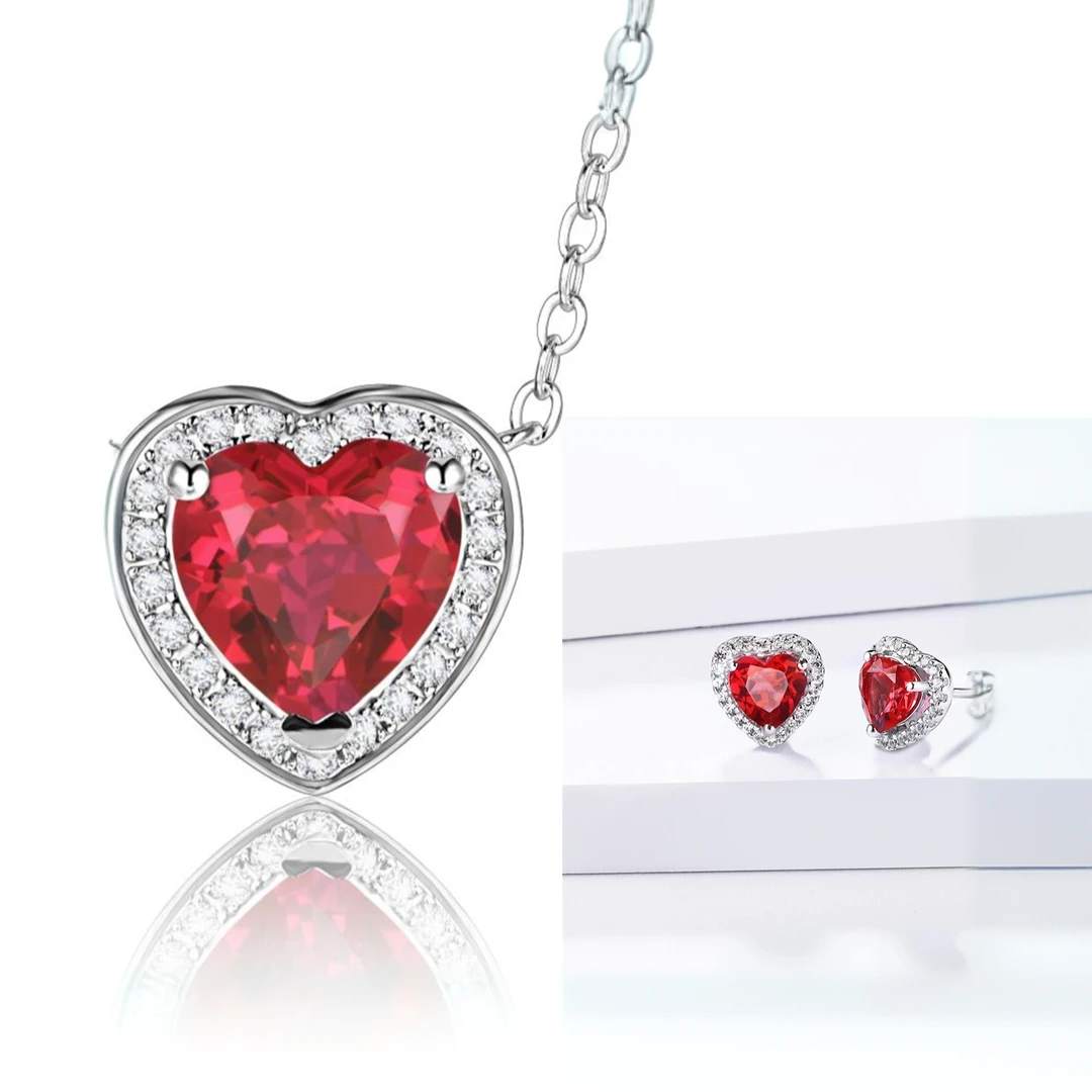 PRETTY&NA 坠链均925银合成锆石 银套装百搭红色灵动镶嵌海洋之心