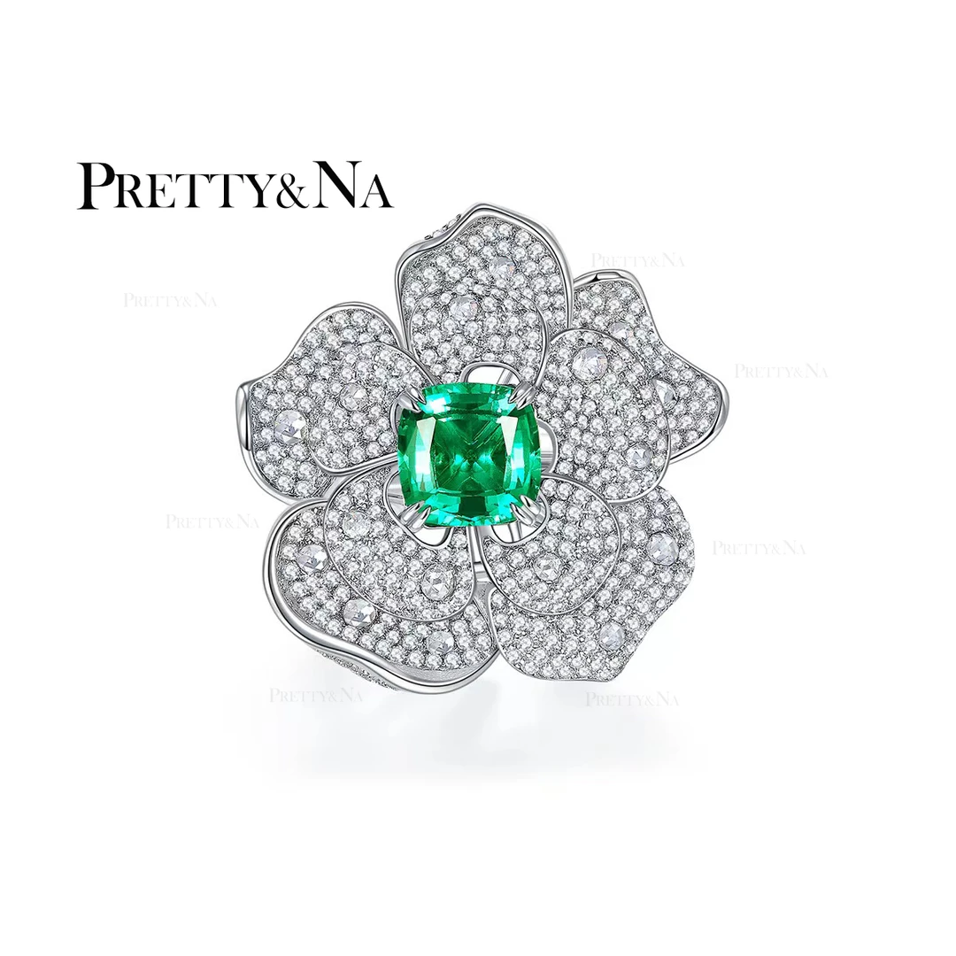 PRETTY&NA 925银合成锆石胸针 秘境花宛玫瑰重工帕拉伊巴胸针奢华