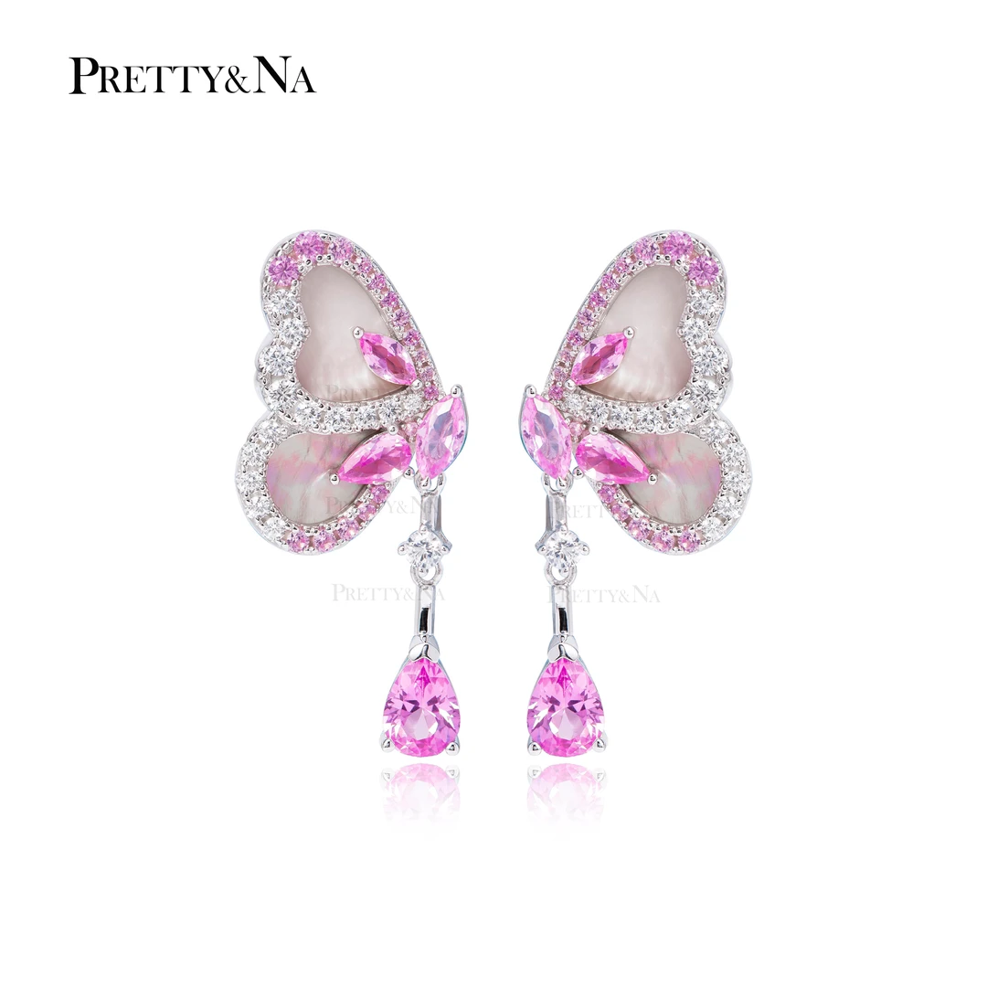 PRETTY&NA 925银合成锆石耳饰 轻奢蝴蝶小众少女粉色灵动满钻耳饰