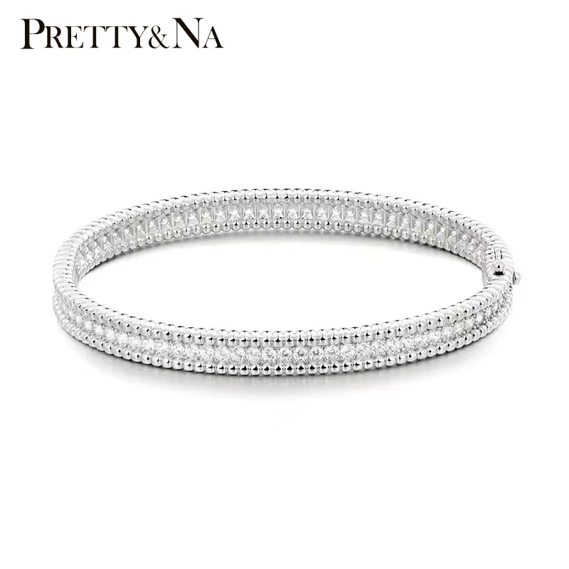 PRETTY&NA 925银莫桑石手镯 时尚满钻欧美气质镶嵌满钻滚珠边珠珠