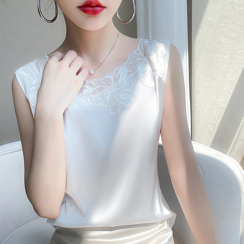 2024春夏女士醋酸缎面蕾丝吊带无袖气质性感轻奢雅美背心