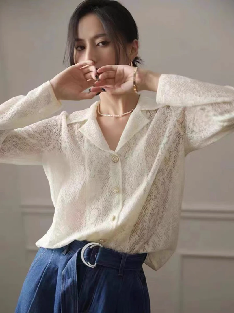 工厂直销高阶美感优雅重工隐透织花西装领长袖针织开衫外套女宽松