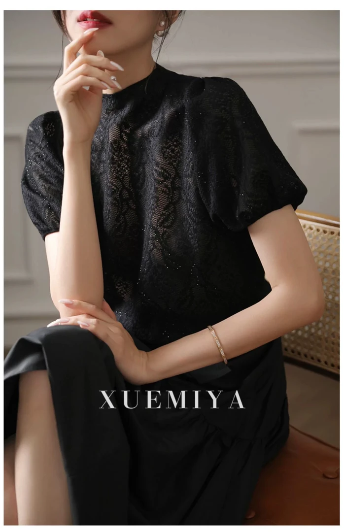 源头工厂烫钻女设计感小众复古黑针织短袖女夏气质泡泡袖上衣显瘦
