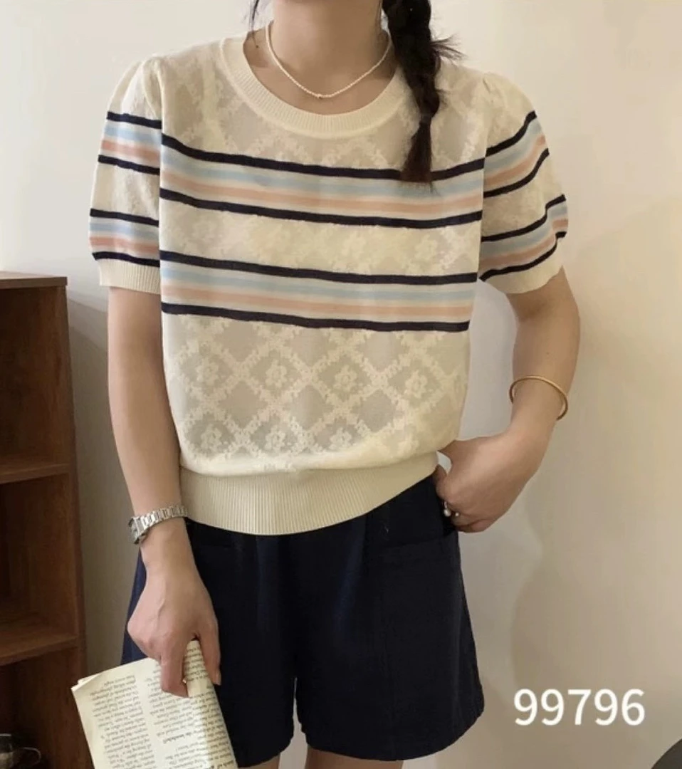 圆领拼色薄款宽松套头羊毛短袖针织衫女夏季新显瘦百搭小个子上衣