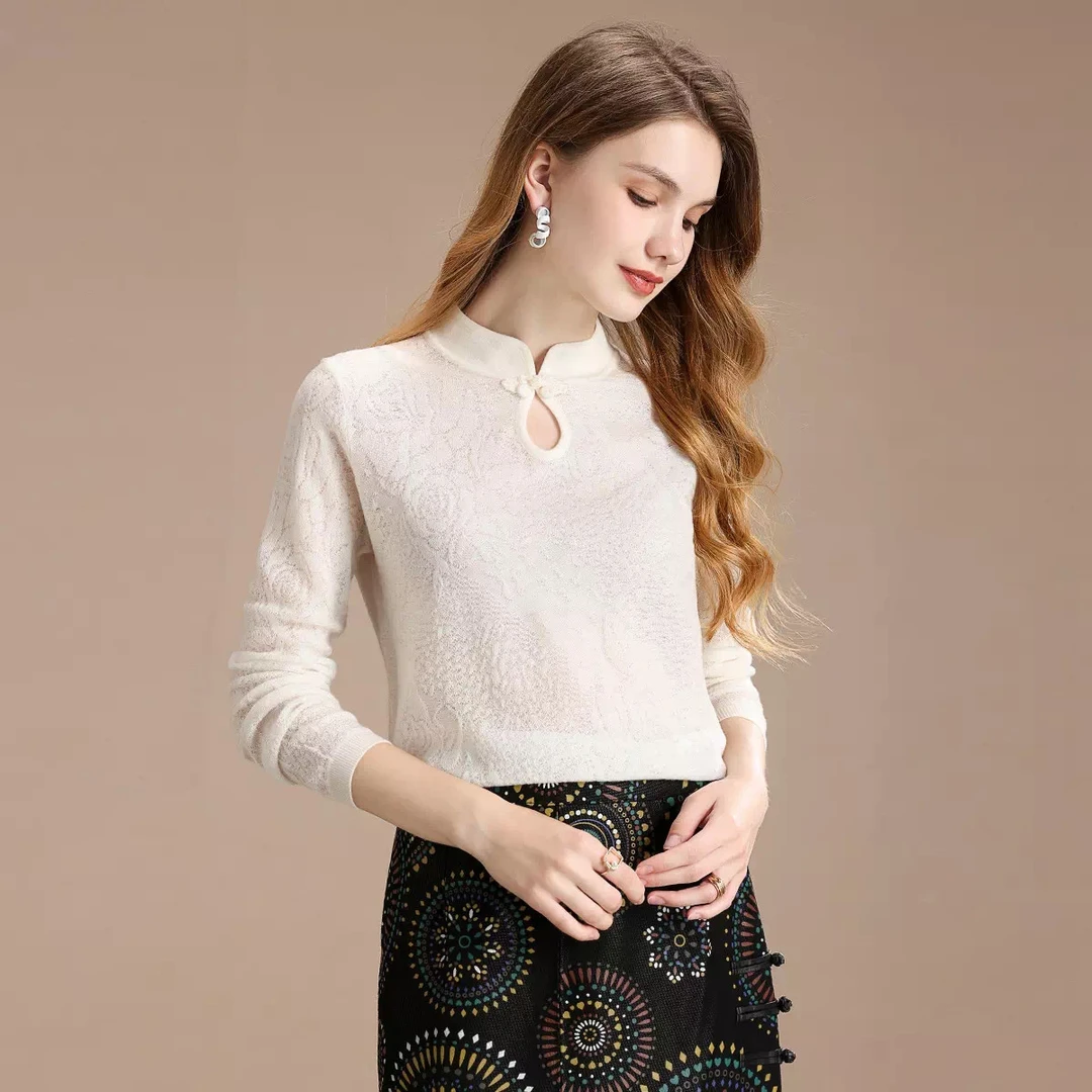 旗袍领羊毛针织衫女2025年新款优雅复古浮雕盘扣新中式国风打底衫