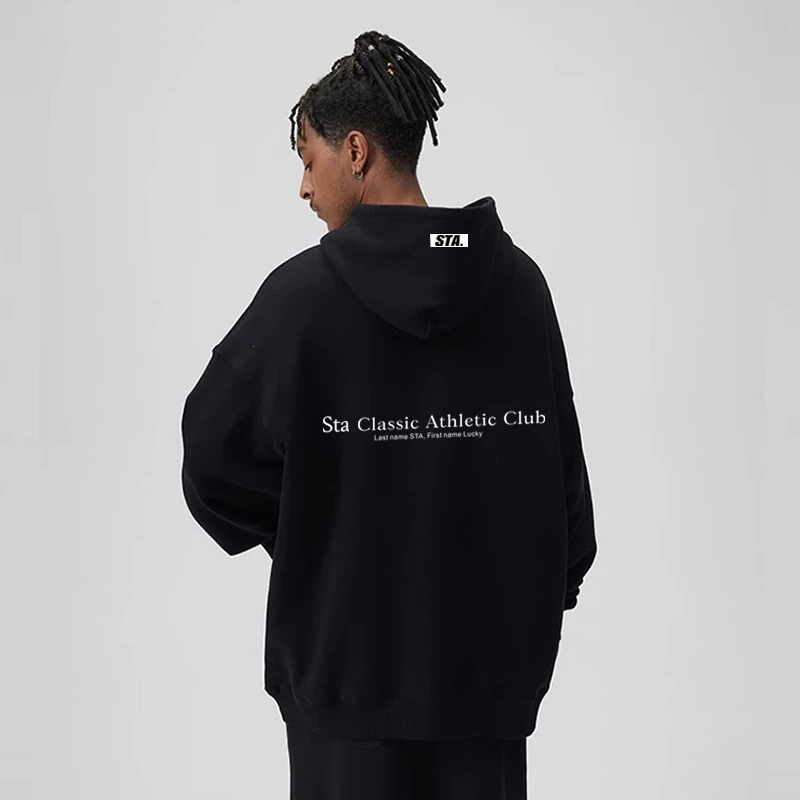 STA字母标语连帽卫衣男秋冬女加绒重磅薄款潮牌宽松百搭美式上衣