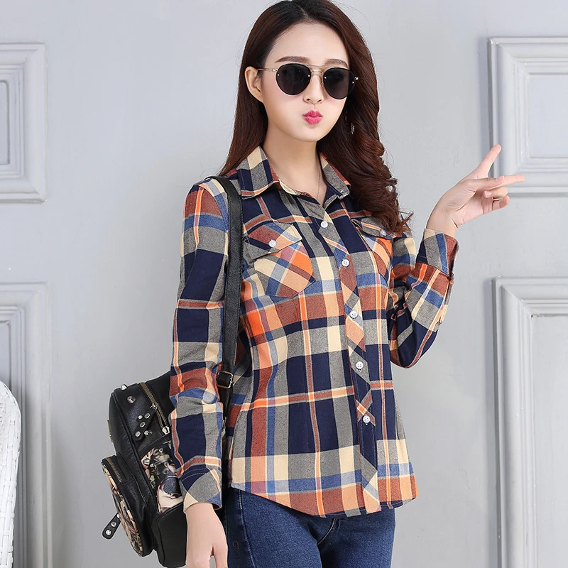 春夏季韩版修身格子衬衫女长袖新款大码磨毛大码学生衬衣寸衫外套