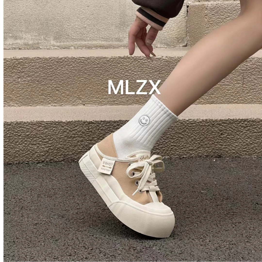 早秋圆头布鞋饼干鞋女鞋单鞋低帮内里皮厚底韩版ins休闲时尚透气