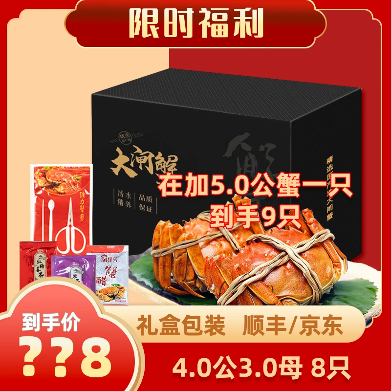 【活蟹】4.0两公+3.0两母4对 加送共9只 精品大闸蟹 礼盒装 顺丰