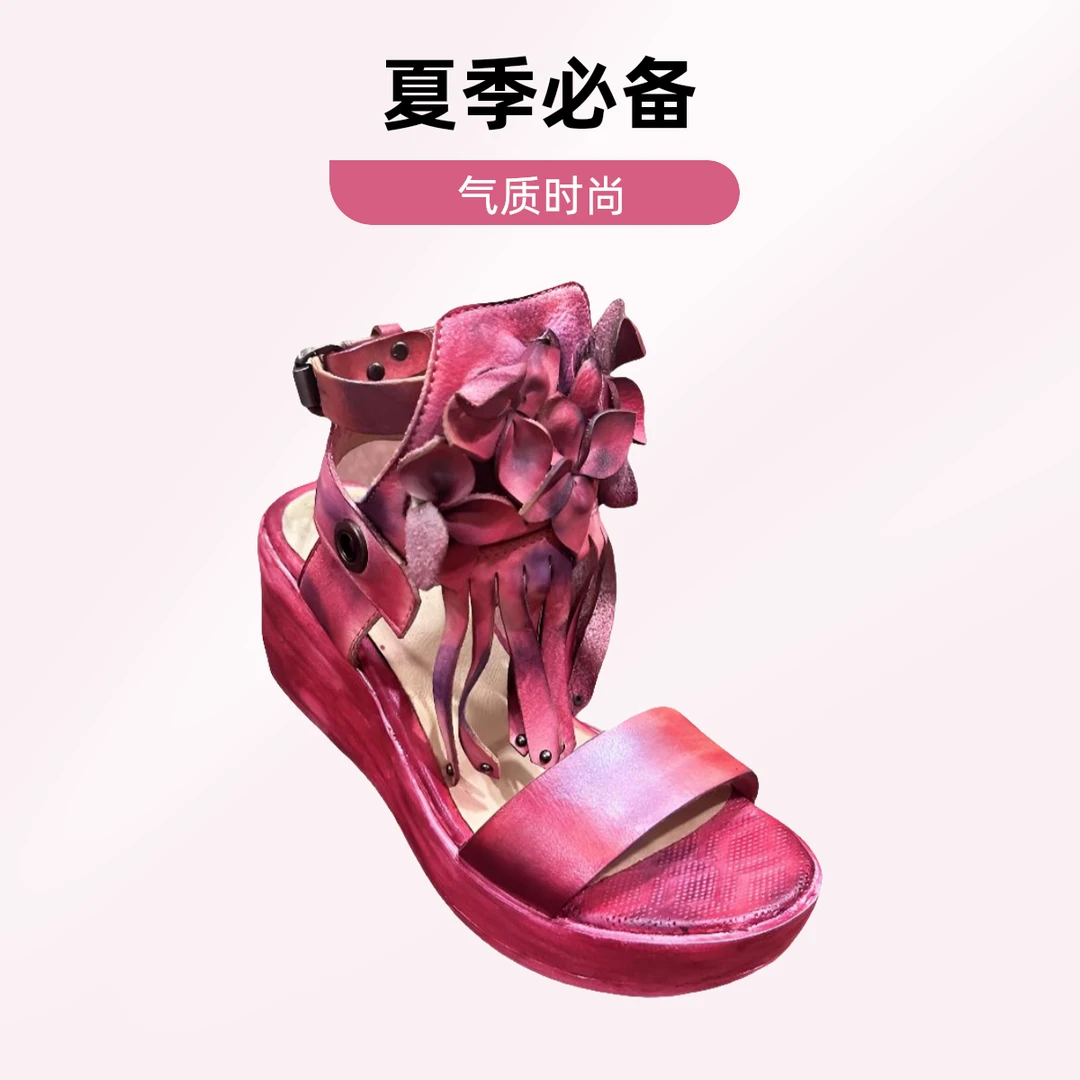 【设计师手工女鞋】夏季气质时尚舒适女士百搭厚底鞋坡跟真皮凉鞋