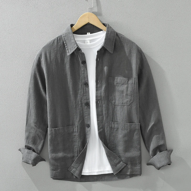 苎麻翻领长袖衬衫外套男2024年春季新款透气棉麻宽松休闲衬衣亚麻