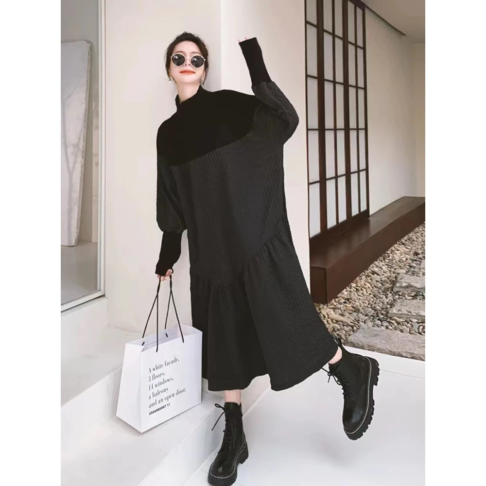 2024秋季新品韩版宽松大码轻熟风黑色长袖连衣裙气质