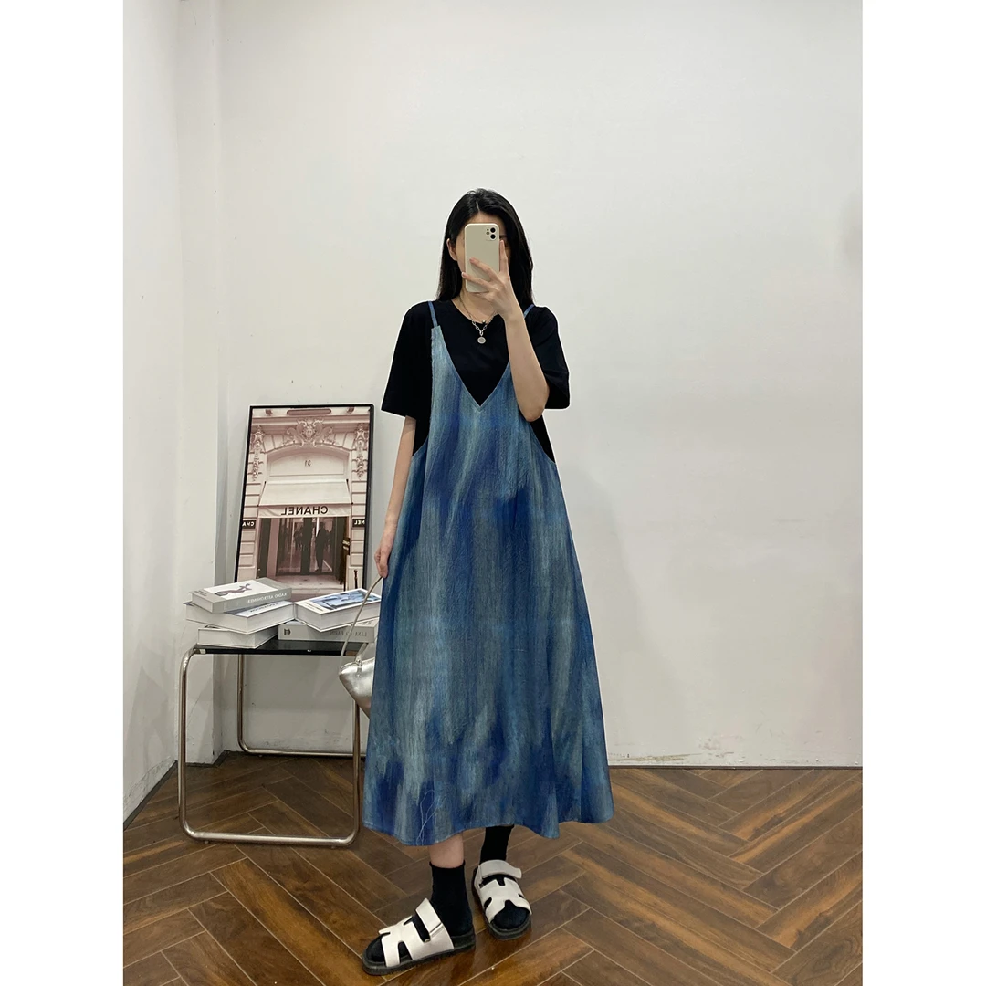 夏季新款气质时尚扎染小众高级显瘦遮胯假两件连衣裙