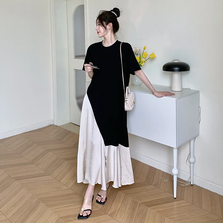 夏新款/长款大码拼醋酸缎显瘦法式高级感品质短袖休闲韩版连衣裙
