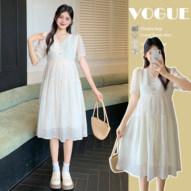 【多米】2024夏装新款孕妇装时尚韩版百搭温柔甜美V领仙女连衣裙