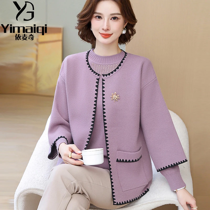 妈妈装新款秋冬圆领针织毛衣两件套中老年女装春秋季减龄气质上衣