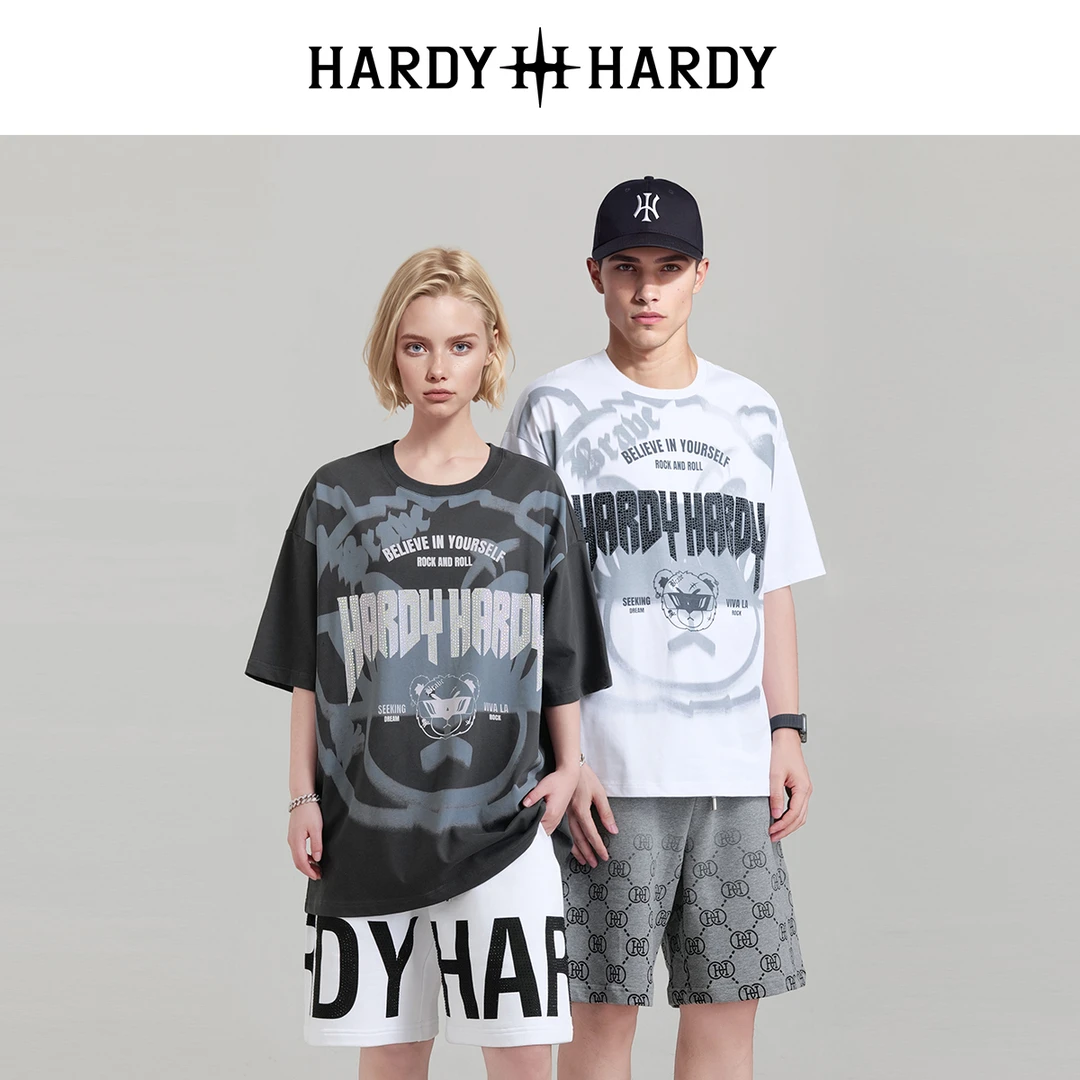 HARDYHARDY夏季新款潮牌烫钻字母小熊时尚街头男女同款T恤