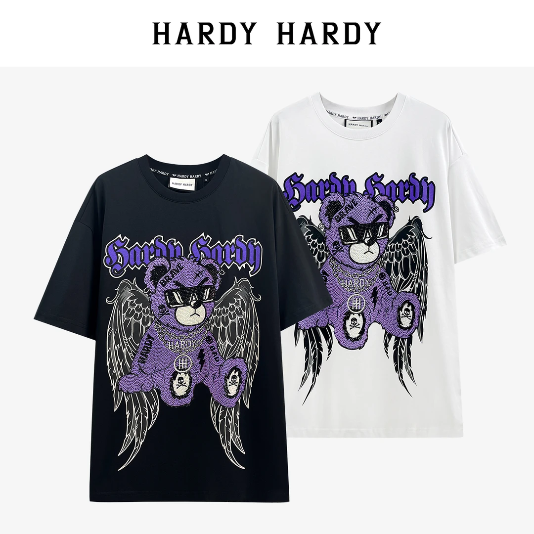 HARDY HARDY夏新款潮牌烫钻卡通翅膀熊短袖T恤男女同款半袖体恤