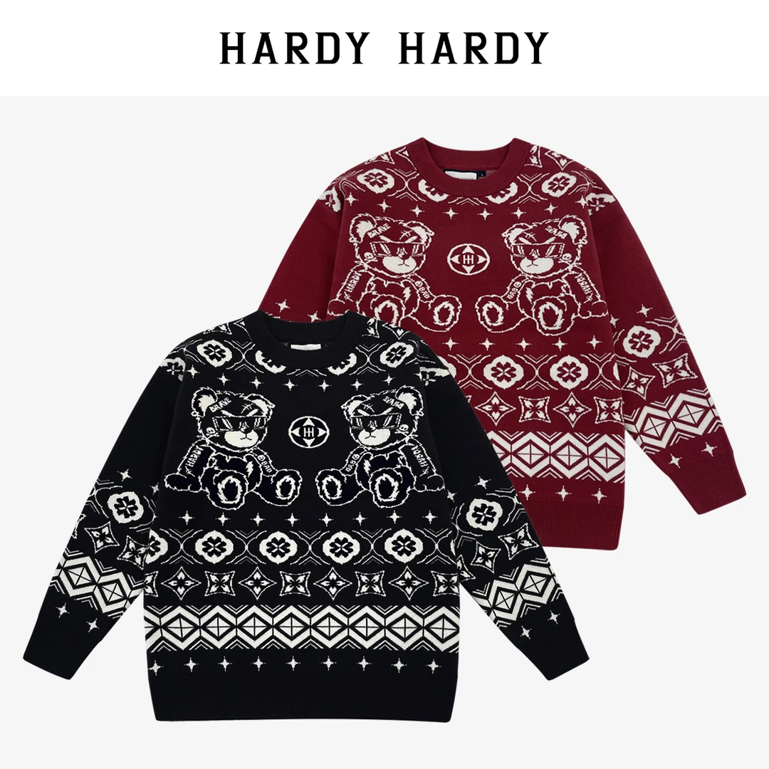 HARDYHARDY冬季潮流新款小熊提花针织圆领毛衣男女同款上衣毛衫