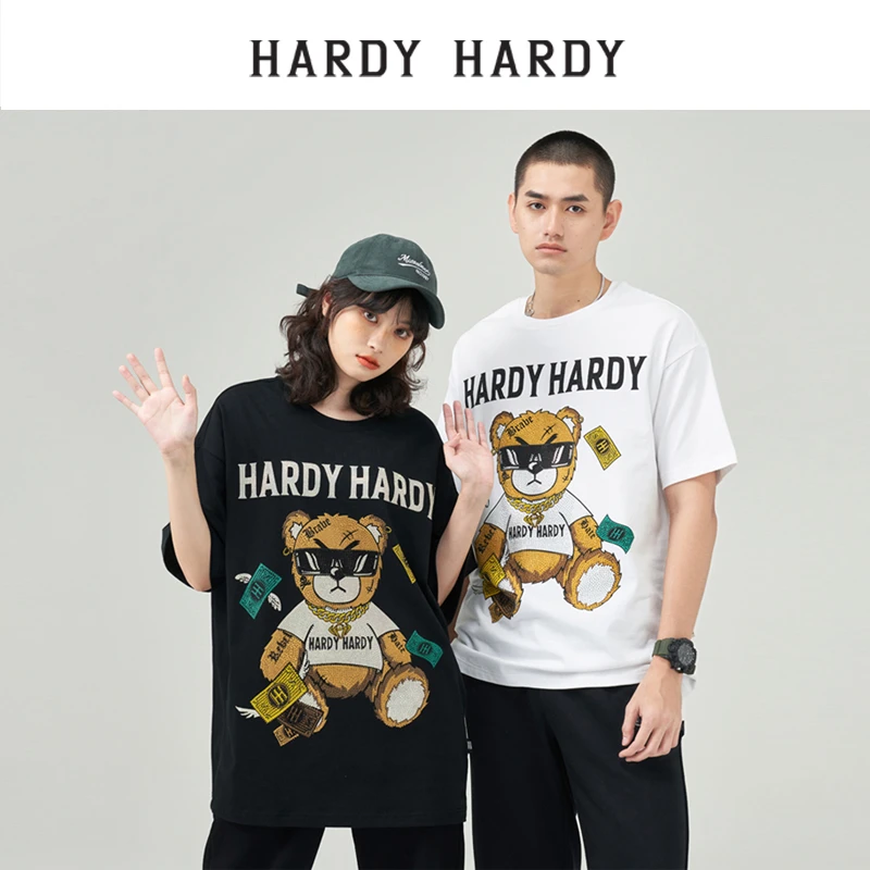 HARDYHARDY春潮新款烫钻坐姿熊短袖百搭休闲个性潮流宽松纯棉T恤