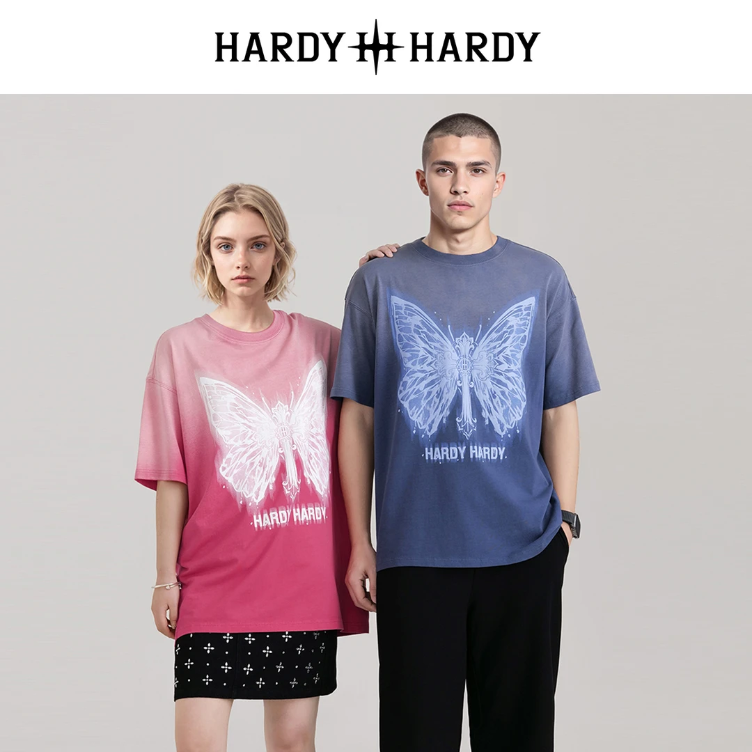 夏季新款潮牌时尚印花蝴蝶图案男女同款纯棉透气短T恤