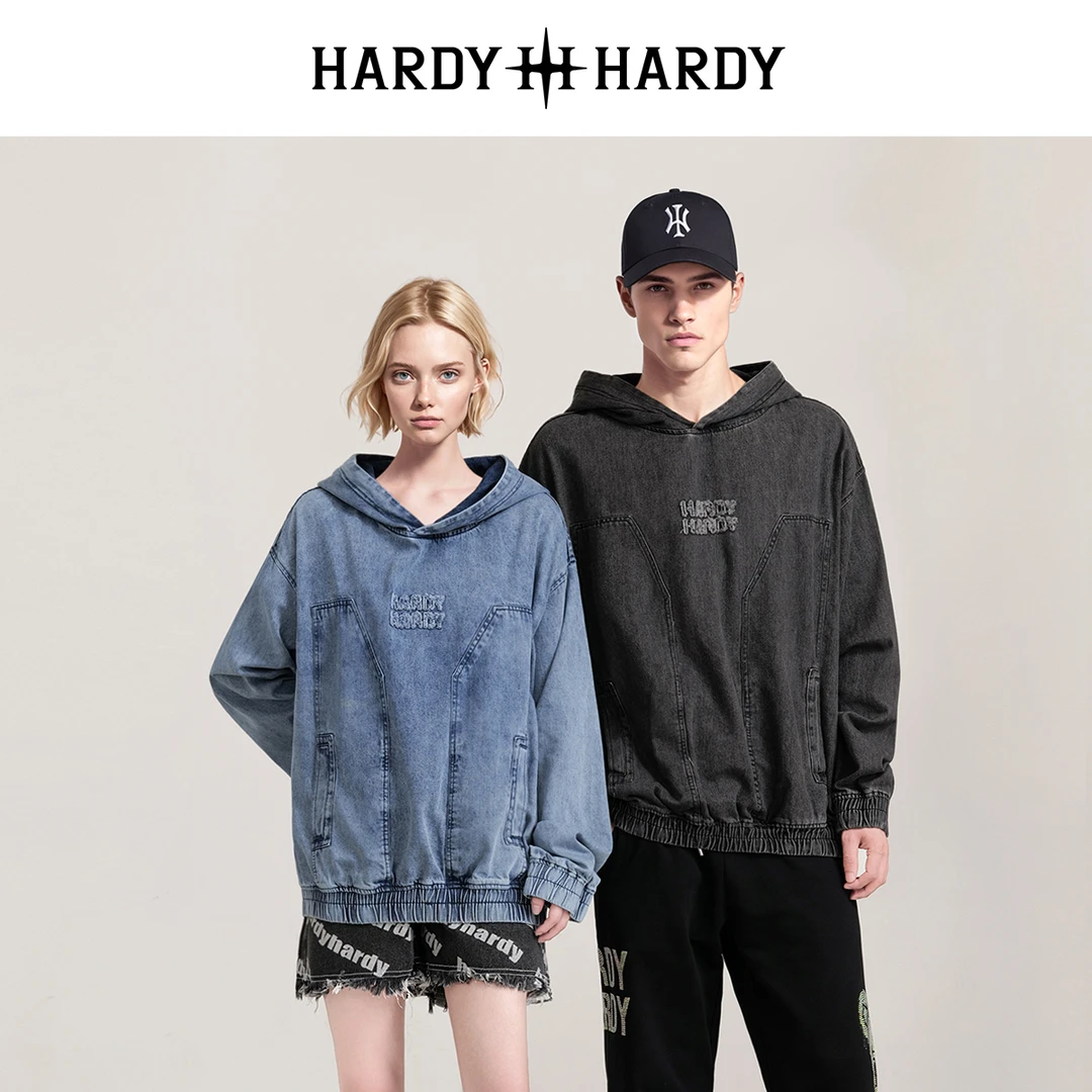 HARDY HARDY潮牌刺绣字母套头连帽牛仔夹克外套男女同款情侣上衣