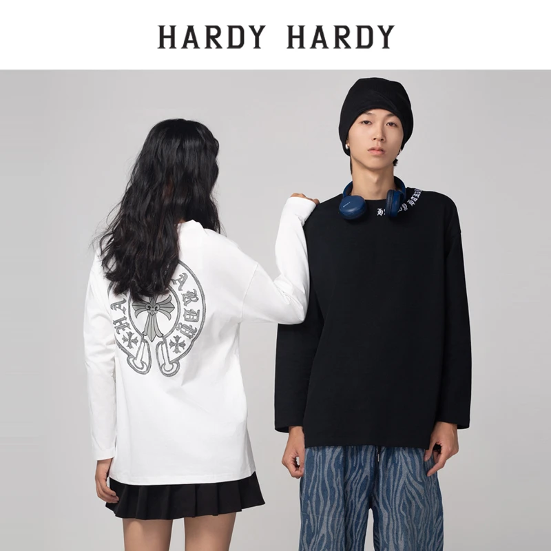 HARDYHARDY潮牌印花字母十字架长袖情侣男女上衣小众拼接时尚宽松