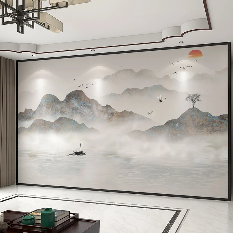 墙纸定制3d立体新中式山水画电视背景墙壁纸水墨影视墙布装饰壁画