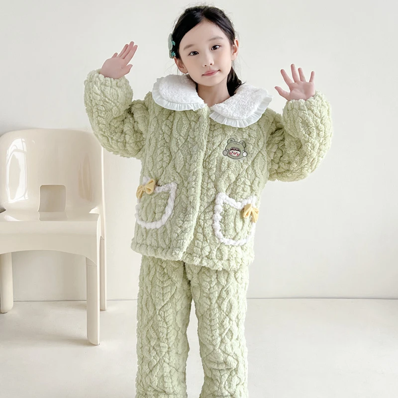 女童冬款宝宝加绒加厚夹棉保暖儿童公主睡衣套装法兰绒保暖家居服