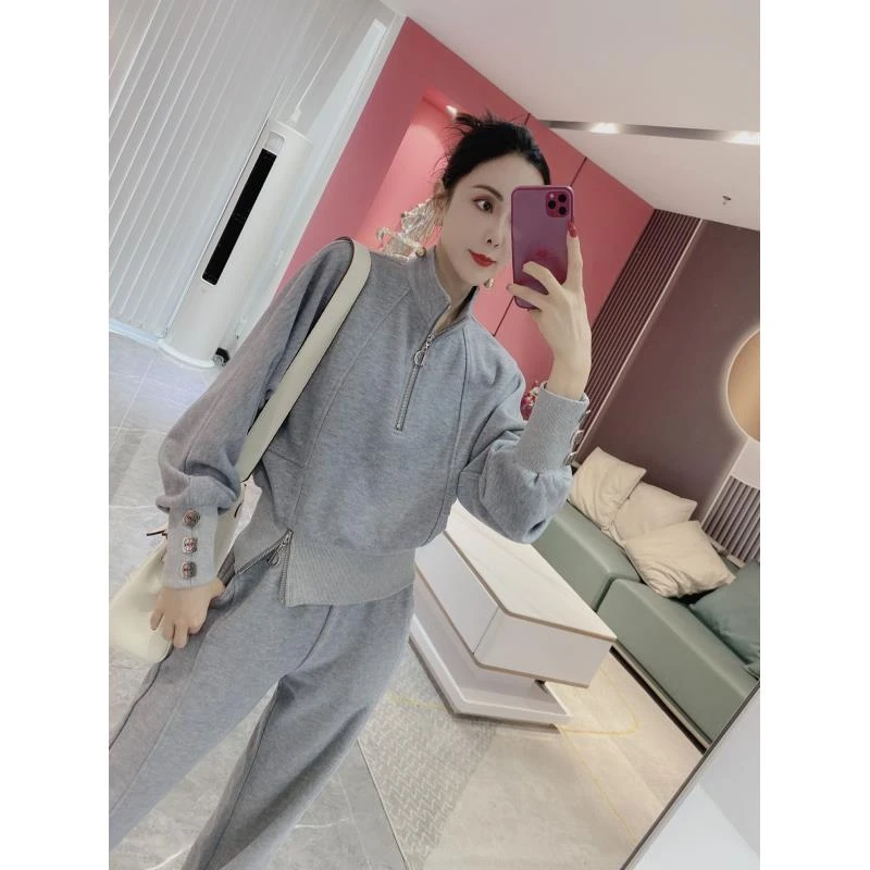 【橦颜推荐】加厚手袖钉扣半拉链上衣+阔腿裤两件套7106（9.30）