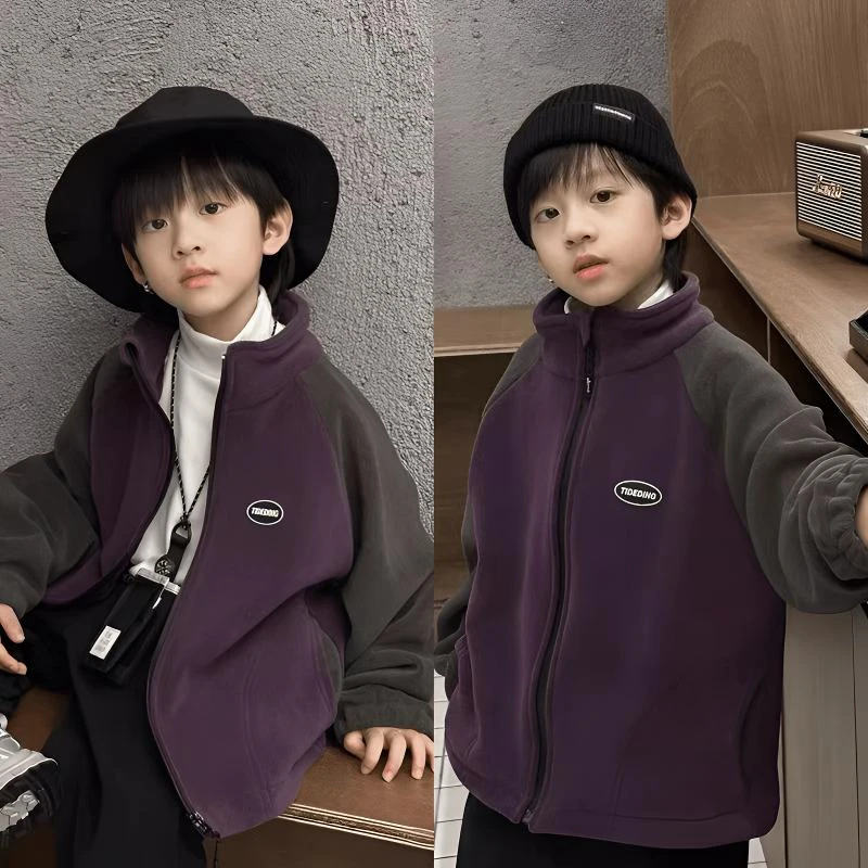 新款儿童双面奥粒绒外套休闲中大童加厚秋冬加绒衣服帅气上衣童装