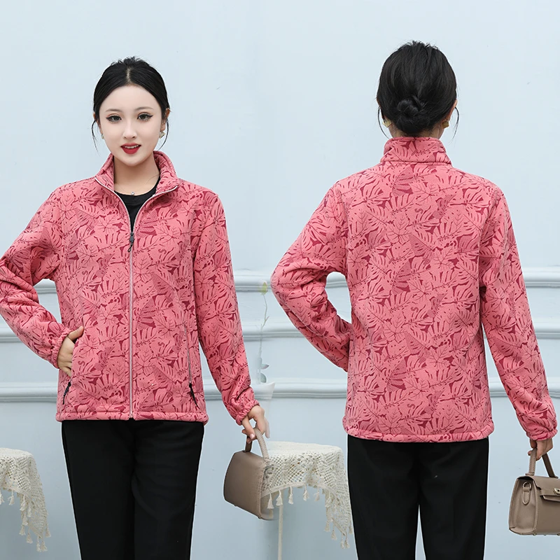加绒枫叶印花加厚外套气质户外保暖